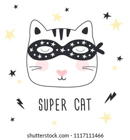 Hand drawn Super Cat. Children print. Vector illustration