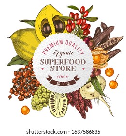 Hand drawn superfood plants - acai, guarana, goji, camu camu, quinoa, carob, chia, noni, lucuma, maca and physalis. Vector sketch in retro style. Design template. Great for package design