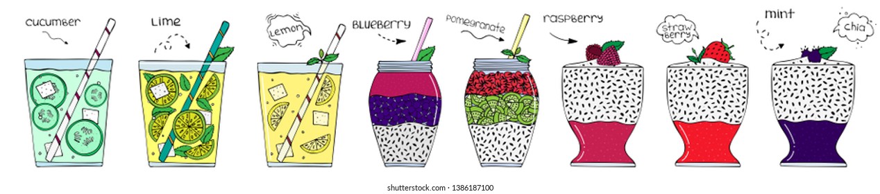 Hand drawn superfood. Smoothie in a cup. Chia seeds, berries, fruits. Lemonades. Flat vector hand drawn illustration