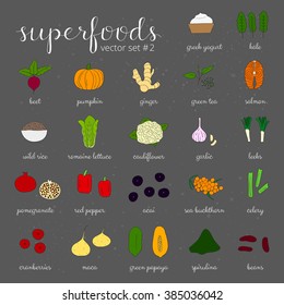 Hand drawn superfoods isolated on the blackboard. Pumpkin, acai, pomegranate, spirulina, beet, salmon, papaya, maca, pepper, cauliflower, sea buckthorn, celery, leek, ginger, cranberry, kale, lettuce.