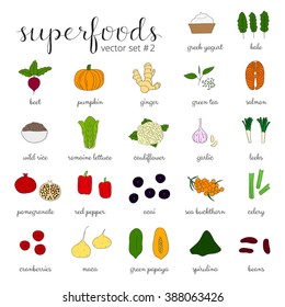 Hand drawn superfoods isolated on white background Pumpkin, acai, pomegranate, spirulina, beet, salmon, papaya, maca, pepper, cauliflower, sea buckthorn, celery, leek, ginger, cranberry, kale, lettuce