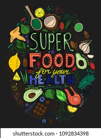 Hand drawn superfoods kitchen poster. Editable vector illustration in bright colors. Unique image in modern style on a dark grey background. Healthy and easy cooking concept.
