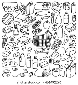 Hand drawn supermarket elements and objects. Doodle vector illustration