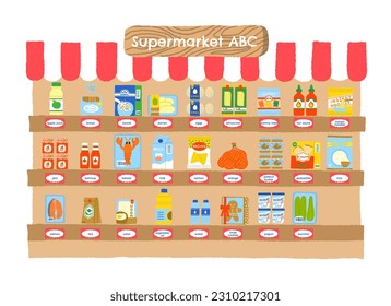 hand drawn supermarket shelves with food items. abc alphabet foods and drinks. grocery shelf with products isolated. ABC groceries in mart suitable for kids, school, background, teaching vocabulary.