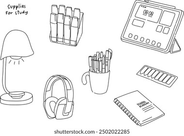 hand drawn supplies for studying, back to school, stationary