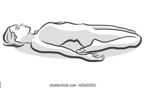 Hand Drawn Supta Virasana Pose, Yoga Woman. Vector Outline Illustration.