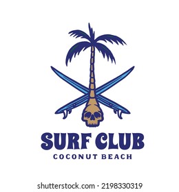 hand drawn surf club skull logo badge