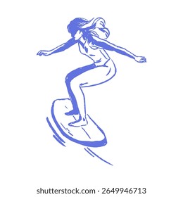 Esboço de surf menina desenhado à mão com textura de giz pastel. Silhueta de surfista feminino em movimento, para impressão Havaí, roupas de praia vintage, projetos de viagem nostálgicos de verão.	