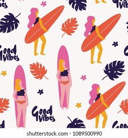 Hand drawn surf girls. Colored vector seamless pattern