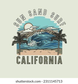 HAND DRAWN SURF OCEAN SHORE BEACH WAVE WATER LANDSCAPE TROPICAL VACATION DESTINATION VINTAGE TEE PRINT FOR APPAREL MERCHANDISE