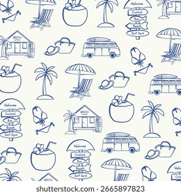 Mão desenhado surf padrão sem costura. Surf shack, surf van, saco de praia, coco, biquíni, palmeira. Design de doodles de férias de verão para envoltório, tecido, papel de presente, design têxtil.
