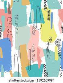 Hand drawn surface design. Artistic Memphis textured background for cards, invitations, banners and brochures. Grunge seamless pattern for wrapping paper, textile and wallpaper. Vector illustration.