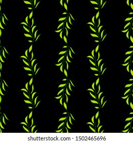 Hand drawn surface seamless design with leafs. Vector pattern with floral motifs on black background.