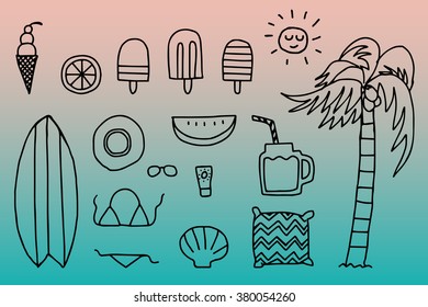 Hand drawn surfboard, drink, popsicle, watermelon, bikini, ice cream and more in summer concept illustration