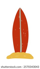 Hand drawn surfboard standing on sandy beach with vibrant colors capturing summer vibes vector illustration