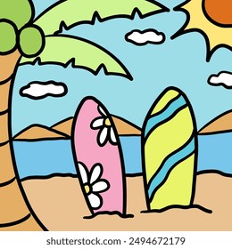 Hand drawn surfboards, sand, beach, mountain, coconut tree for summer break, holiday, weekends, surf activity, background, wallpaper, poster, post card, trip, vacation, travel, beach vibe, backdrop