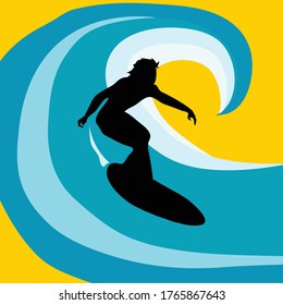 Hand Drawn Surfer Black Silhouette Surfing Over An Abstract Blue And White Ocean Wave On Yellow Background