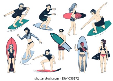 Hand drawn surfers set. Men and women surfing. Vector illustration