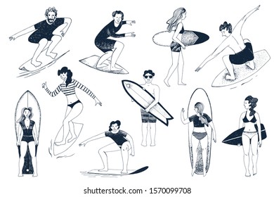 Hand drawn surfers set. Men and women surfing. Vector illustration