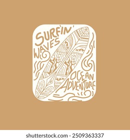 Dibujado a mano Surfin Waves Ocean Adventure Tipografía Retro Diseño gráfico de verano
