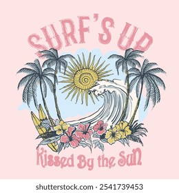 hand drawn surfing beach nature art. women's and girls vintage t-shirt print design for vector graphic, slogan print kissed by the sun, summer beach artwork