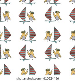 Hand drawn surfing bird seamless pattern. Vector color print.