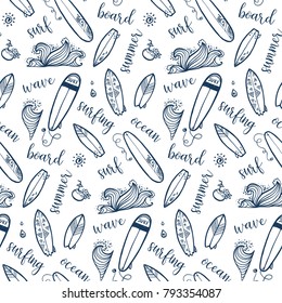 Hand drawn surfing boards, waves and lettering vector seamless pattern