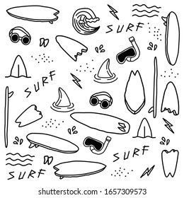 Hand Drawn Surfing Elements Seamless Pattern. Surf Background. Surfing Doodle Illustration. Vector Illustration. Seamless Pattern With Surfing Board, Wave, Goggles Etc.