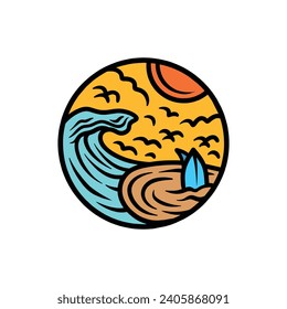Hand Drawn Surfing Wave Design illustration vector Emblem