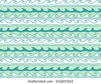 Hand drawn surfing waves seamless pattern. Vector old school doodle wavy background.