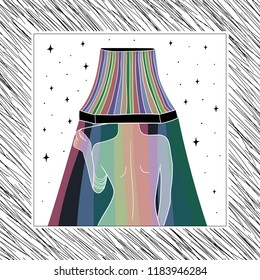 Hand Drawn surreal colorful rainbow lamp on girl card. Illustrations Drawing Vector Sketch for textile, print, postcard, text, invitation, poster, picture