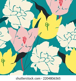 Hand drawn surreal floral pattern. Tulip flower repeat background. Abstract flowers with leaves.