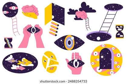 Hand drawn surrealism elements. Floating eyes, fish in the sky, stairs to nowhere, floating face, brain in space, eye in hand. Abstract vector illustration in trendy psychedelic style.