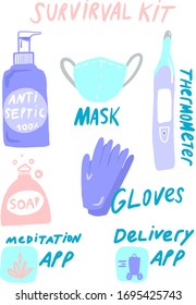 hand drawn survival kit for pandemic with medical mask antiseptic gloves thermometer soap meditation app and delivery app 