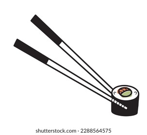 Hand drawn sushi and chopsticks, line design Japanese cuisine, isolated vector illustration in doodle style