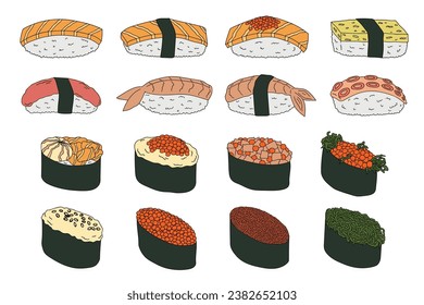 Hand drawn sushi clipart set. Japanese traditional cuisine dishes. Asian food
