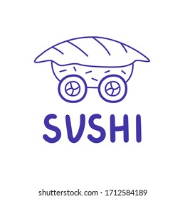 Icono vector lineal de entrega de sushi dibujado a mano.
Ilustración de Doodle con un contorno azul. Aislado sobre fondo blanco