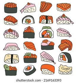 Hand drawn sushi food set in doodle art style on white background