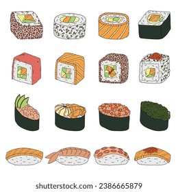 Hand drawn sushi. Japanese traditional cuisine dishes. Asian food clipart set