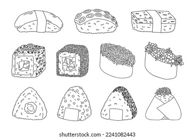 Hand drawn sushi and onigiri. Japanese traditional cuisine dishes. Asian food clipart set