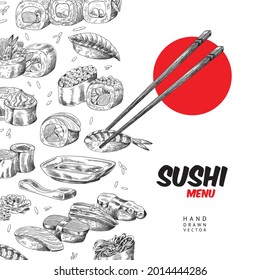 Plantilla del menú del restaurante de sushi dibujada a mano, grabando ilustración vectorial aislada en fondo blanco. El diseño de la carta del restaurante japonés cocina asiática.