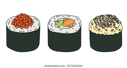 Hand drawn sushi roll clipart set. Japanese traditional cuisine dishes. Asian food