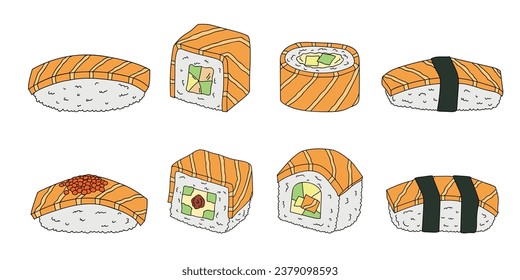 Hand drawn sushi roll clipart set. Japanese traditional cuisine dishes. Asian food