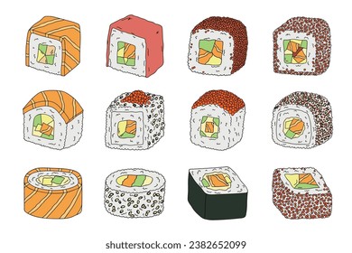 Hand drawn sushi roll clipart set. Japanese traditional cuisine dishes. Asian food