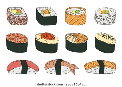 Hand drawn sushi roll clipart set. Japanese traditional cuisine dishes. Asian food