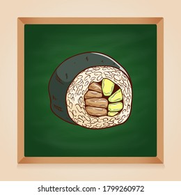 hand drawn sushi roll on chalkboard backgrond