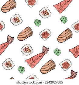 Hand drawn sushi roll seamless pattern. Japanese sushi design. asian food for flyer, banner, cover, menu, print, wallpaper, packing, textile. Vector illustration