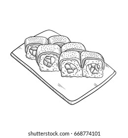 hand drawn sushi roll. Sketch Style