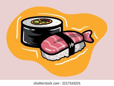 Hand Drawn sushi and sashimi. Asian food sushi. Sushi illustration with trout fish, salmon in trendy minimalism style.