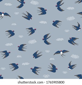 Hand drawn swallow bird seamless vector pattern